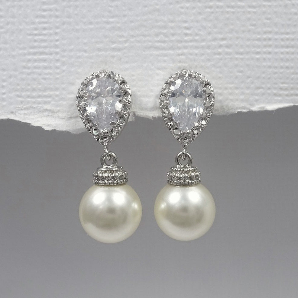 ivory pearl earrings with cubic zirconia stud post