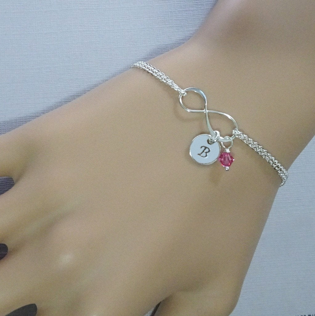 infinity chain bracelet with initial and birthstone charms, size reference