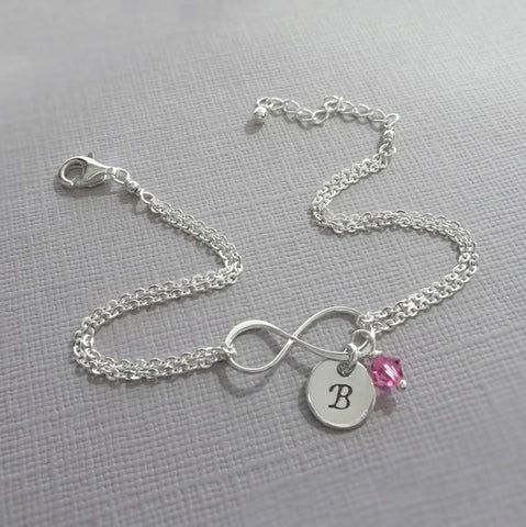 infinity chain bracelet with initial and birthstone charms