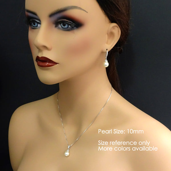 10mm pearl necklace and earrings set on a model