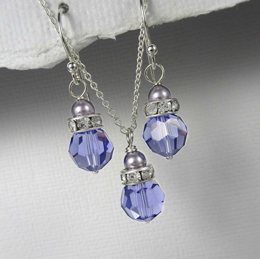 tanzanite crystal and mauve pearl necklace and earrings set