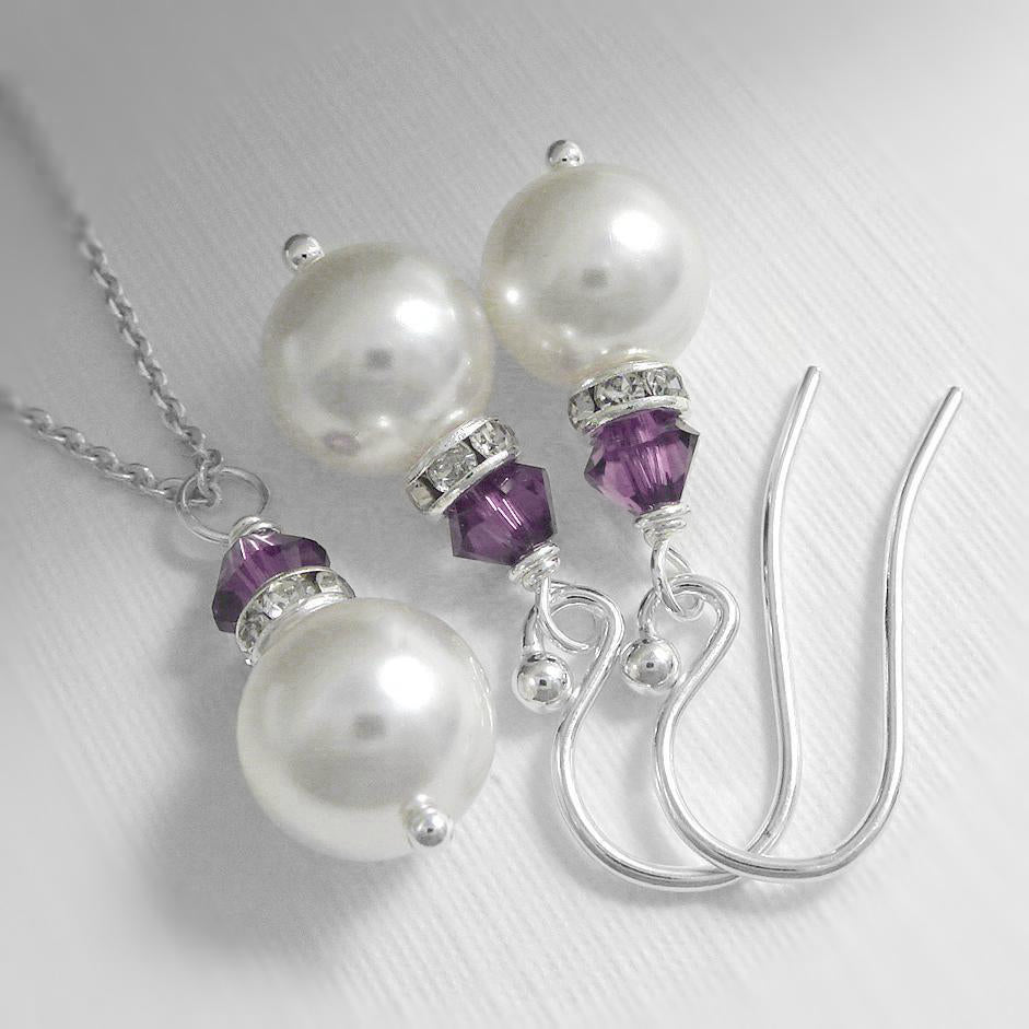 white pearl and purple crystal necklace and earrings set